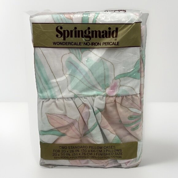 Springmaid Wondercale Ruffled Pillowcases Peach Green Floral - Picture 1 of 3